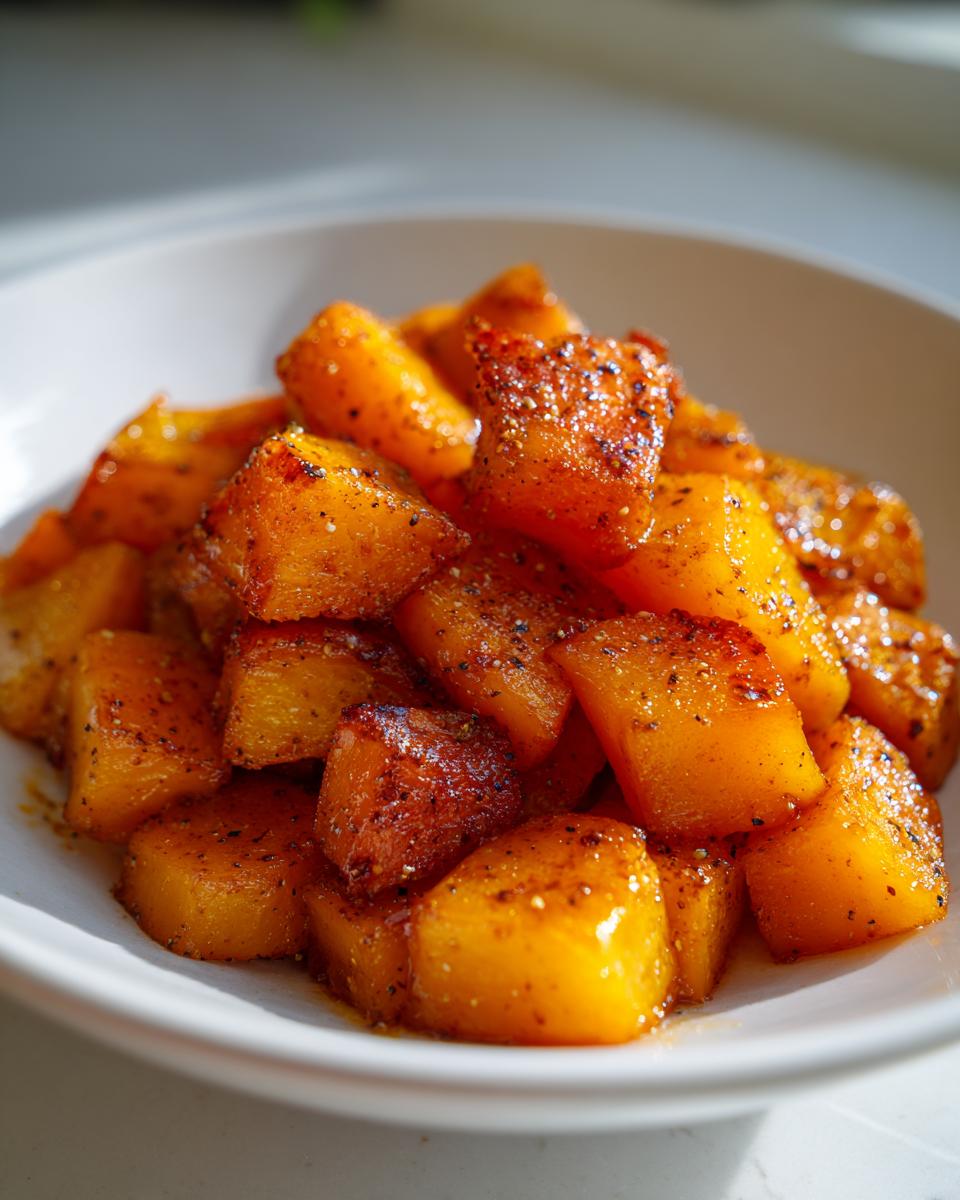 Close-up of roasted butternut squash cubes seasoned with maple and cinnamon.