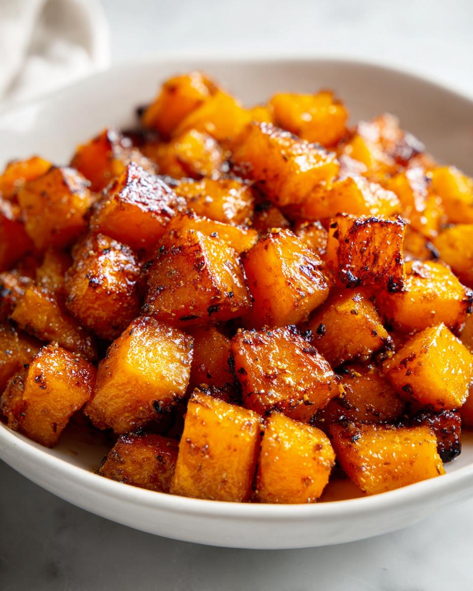 Close-up of a bowl filled with perfectly Roasted Butternut Squash with Maple & Cinnamon, glistening and caramelized.