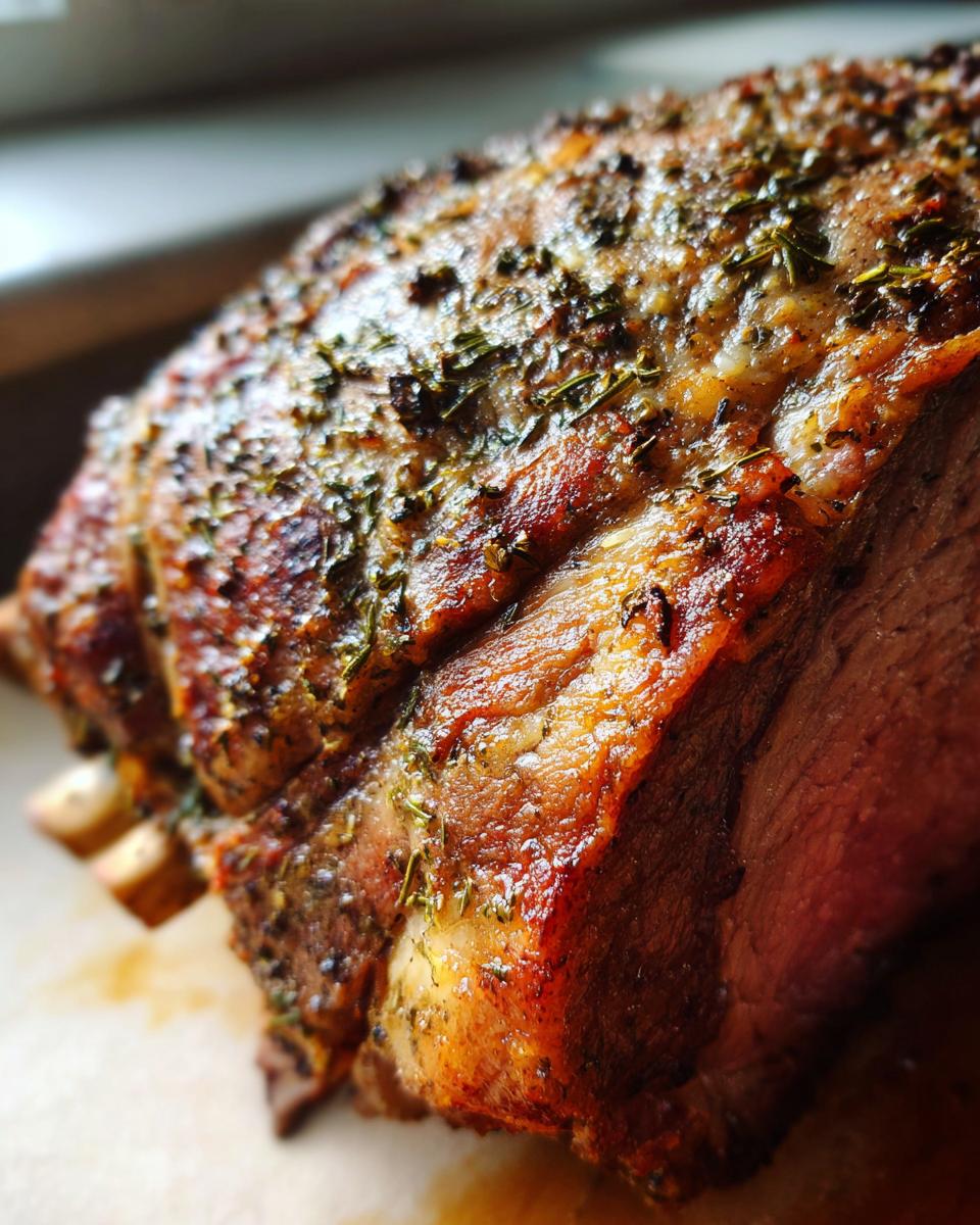 Close-up of a perfectly Roasted Prime Rib with Garlic Herb Butter Crust, showcasing its juicy texture and savory herbs.