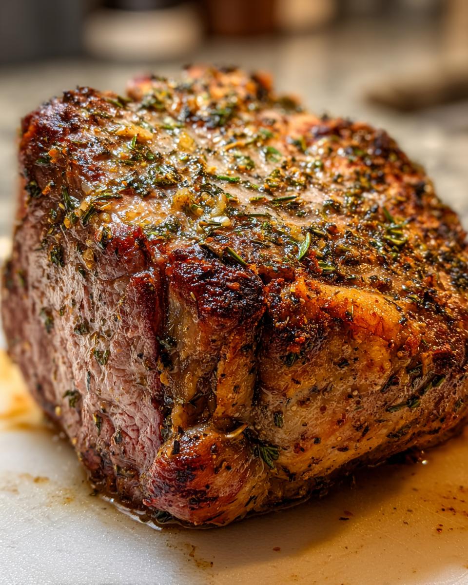 Close-up of a perfectly Roasted Prime Rib with a flavorful Garlic Herb Butter Crust, glistening with juices.