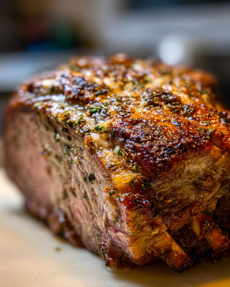 Close-up of a perfectly Roasted Prime Rib with Garlic Herb Butter Crust, showcasing its juicy interior and browned exterior.