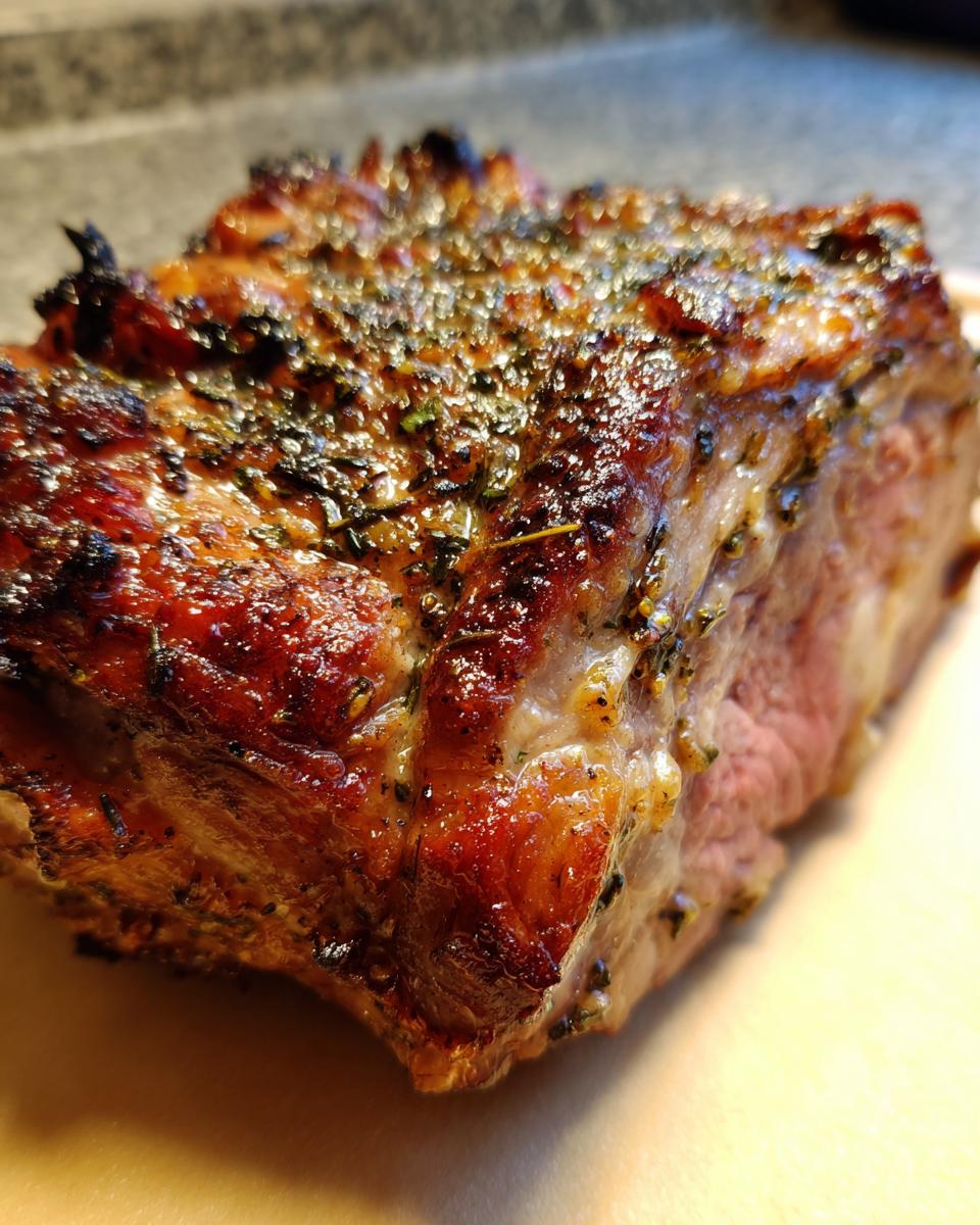 Close-up of a perfectly Roasted Prime Rib with Garlic Herb Butter Crust, showcasing its juicy pink interior and browned exterior.
