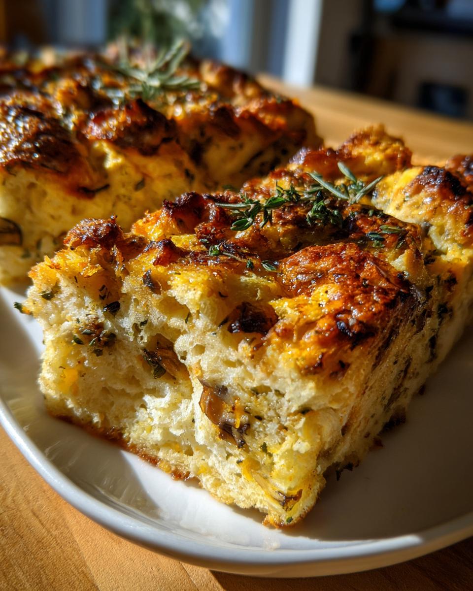 Close-up of a slice of savory bread pudding with mushrooms and herbs, showing a golden-brown crust and fluffy interior.
