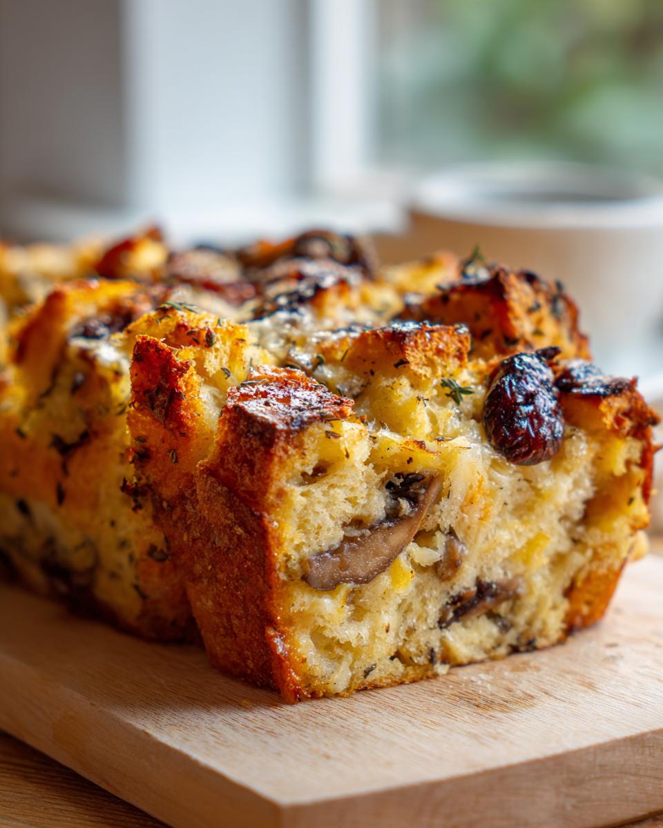 A close-up of slices of savory bread pudding with mushrooms and herbs, showcasing its golden-brown crust and fluffy interior.