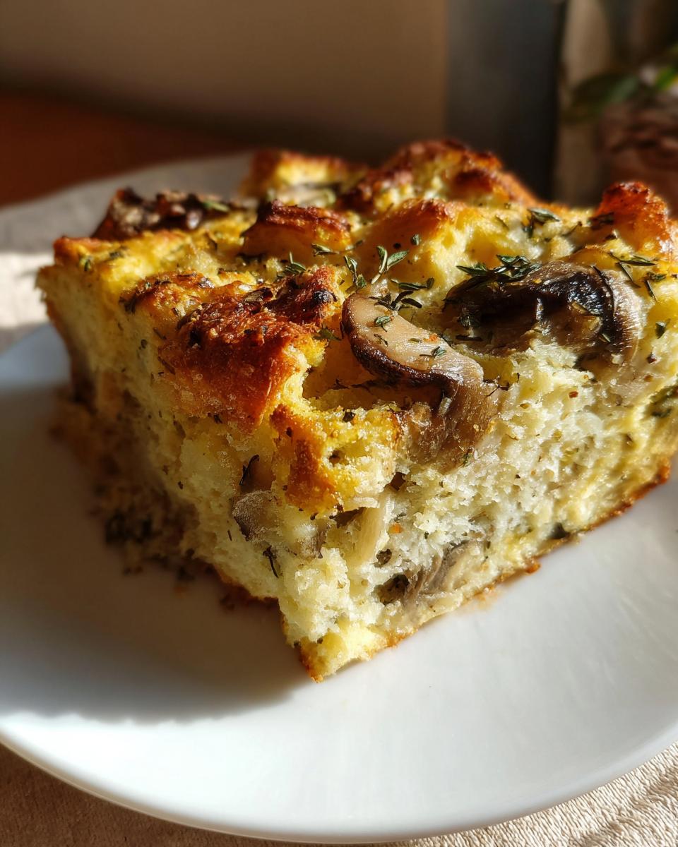 A slice of savory bread pudding with mushrooms and herbs, baked to golden perfection.