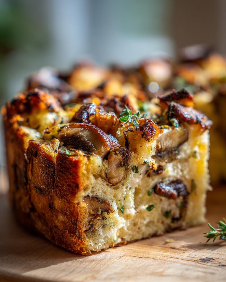 A close-up of a slice of savory bread pudding with mushrooms and herbs, showing toasted bread cubes and visible mushroom pieces.