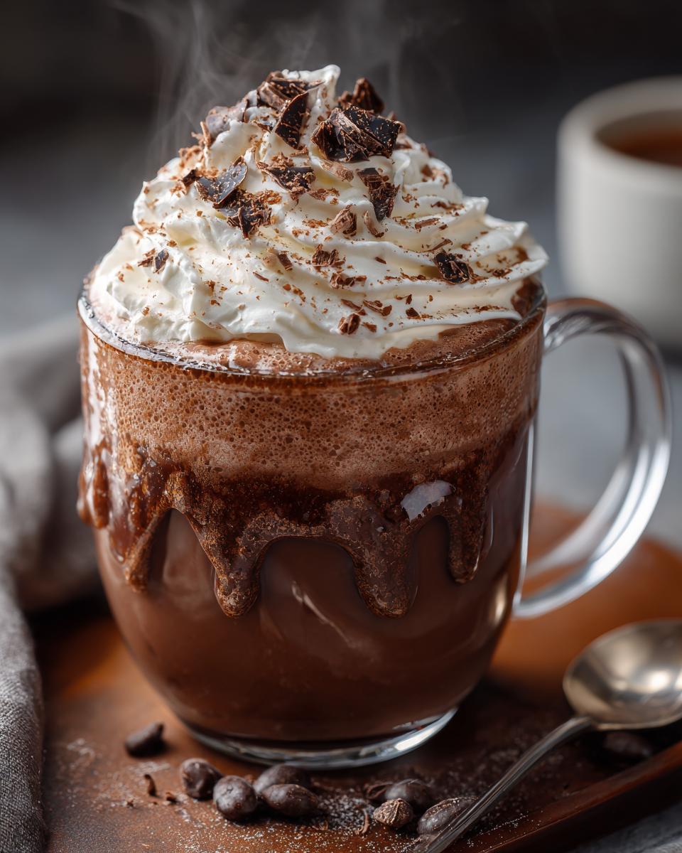 A steaming mug of rich and creamy Slow Cooker Hot Chocolate topped with whipped cream and chocolate shavings.