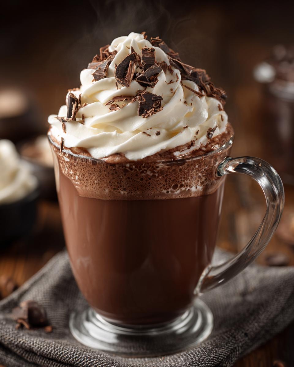 A steaming mug of rich Slow Cooker Hot Chocolate topped with whipped cream and chocolate shavings.