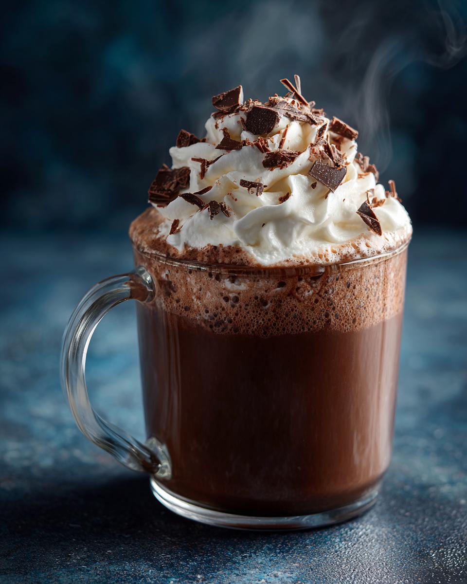 A steaming mug of rich Slow Cooker Hot Chocolate topped with whipped cream and chocolate shavings.