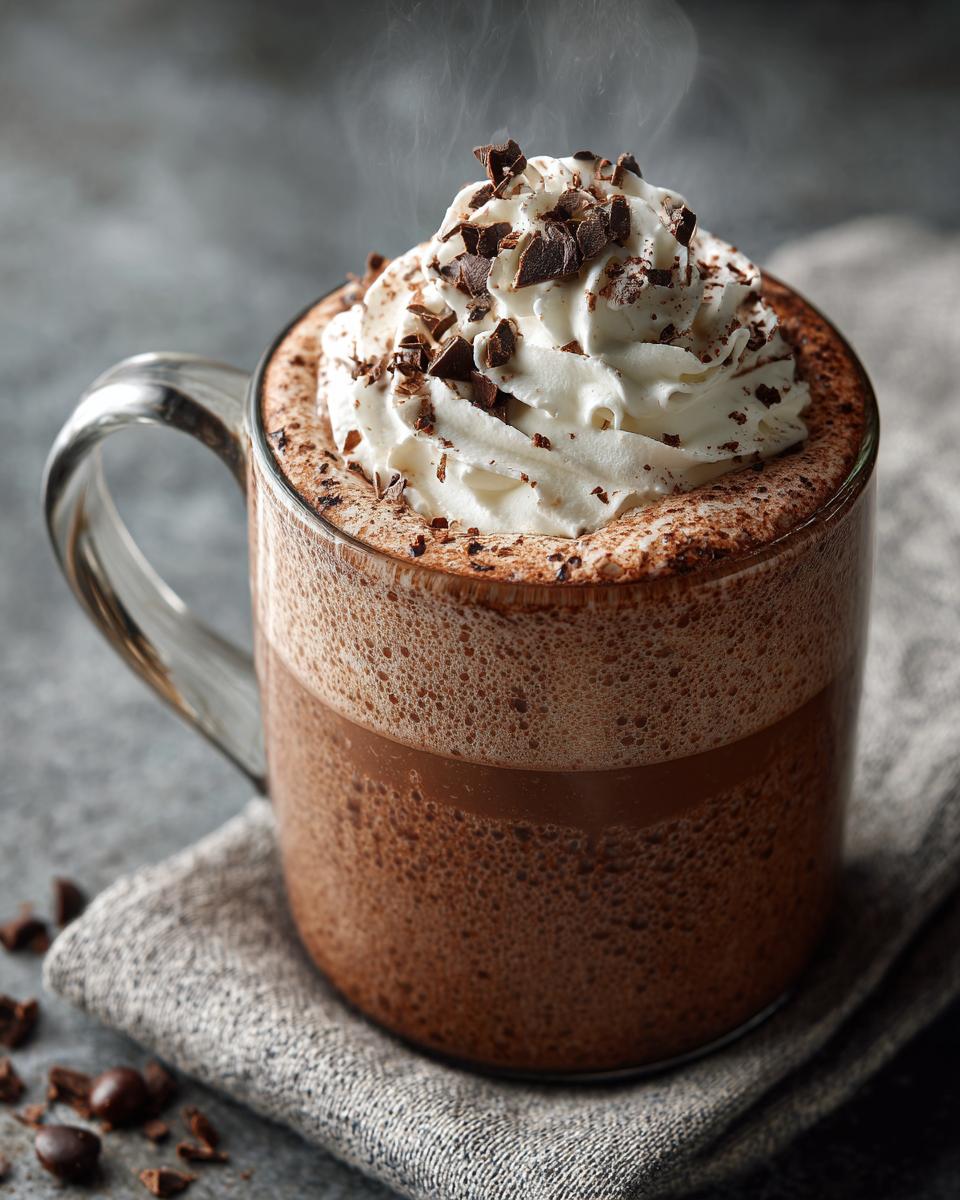 A steaming mug of rich Slow Cooker Hot Chocolate topped with whipped cream and chocolate shavings.