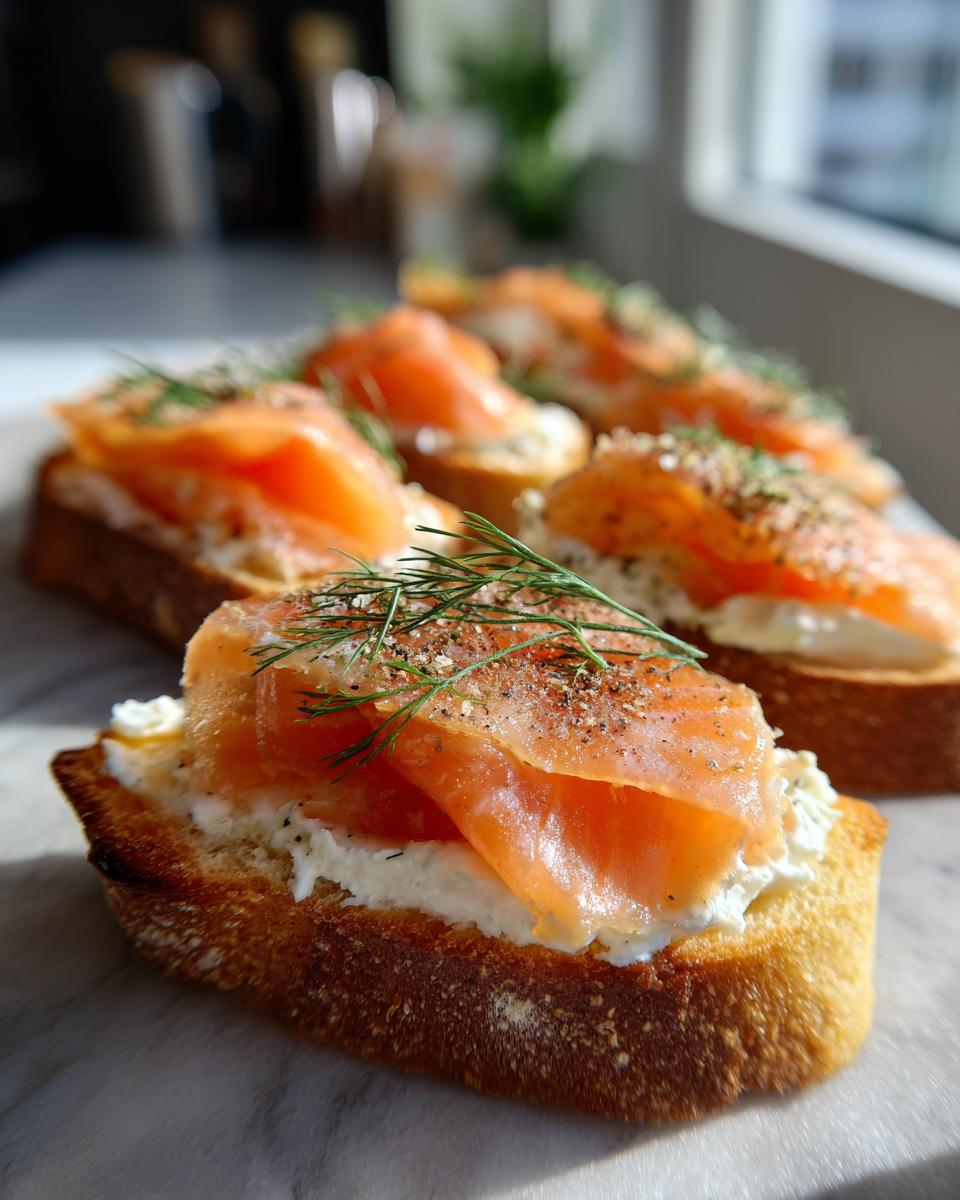 Close-up of Smoked Salmon Crostini with cream cheese and fresh dill, sprinkled with pepper.