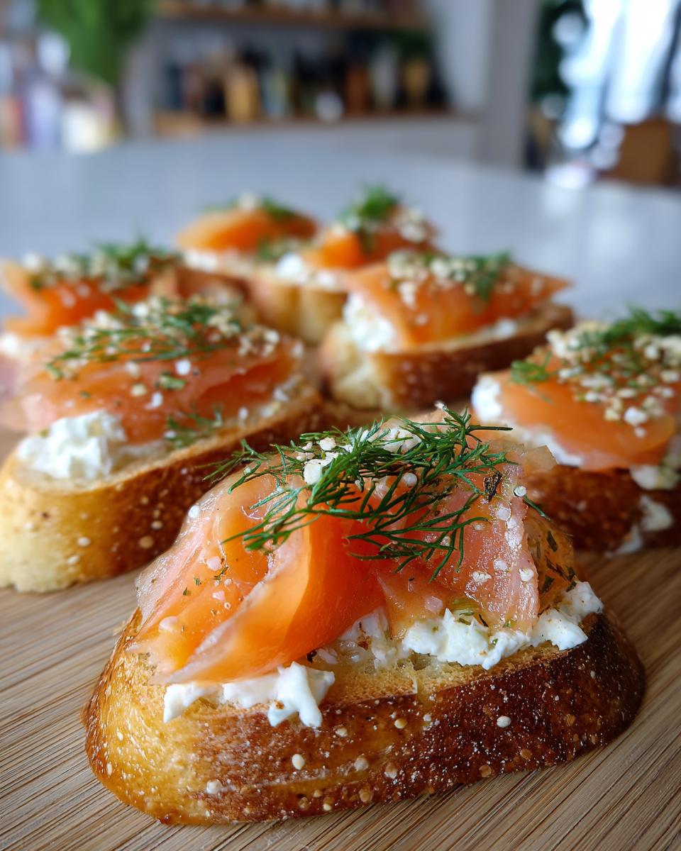 Close-up of Smoked Salmon Crostini topped with cream cheese, fresh dill, and seasonings.
