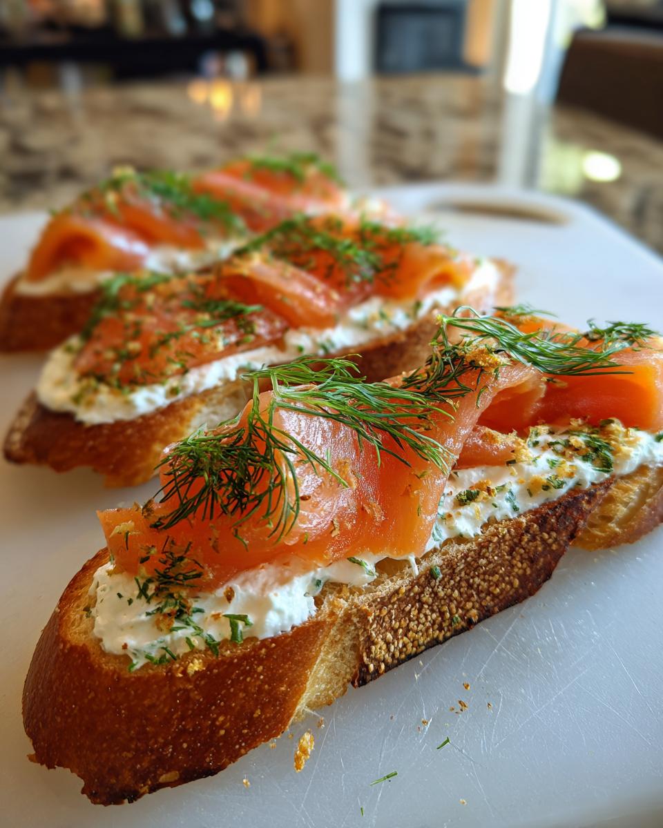 Close-up of Smoked Salmon Crostini topped with cream cheese, fresh dill, and seasonings.