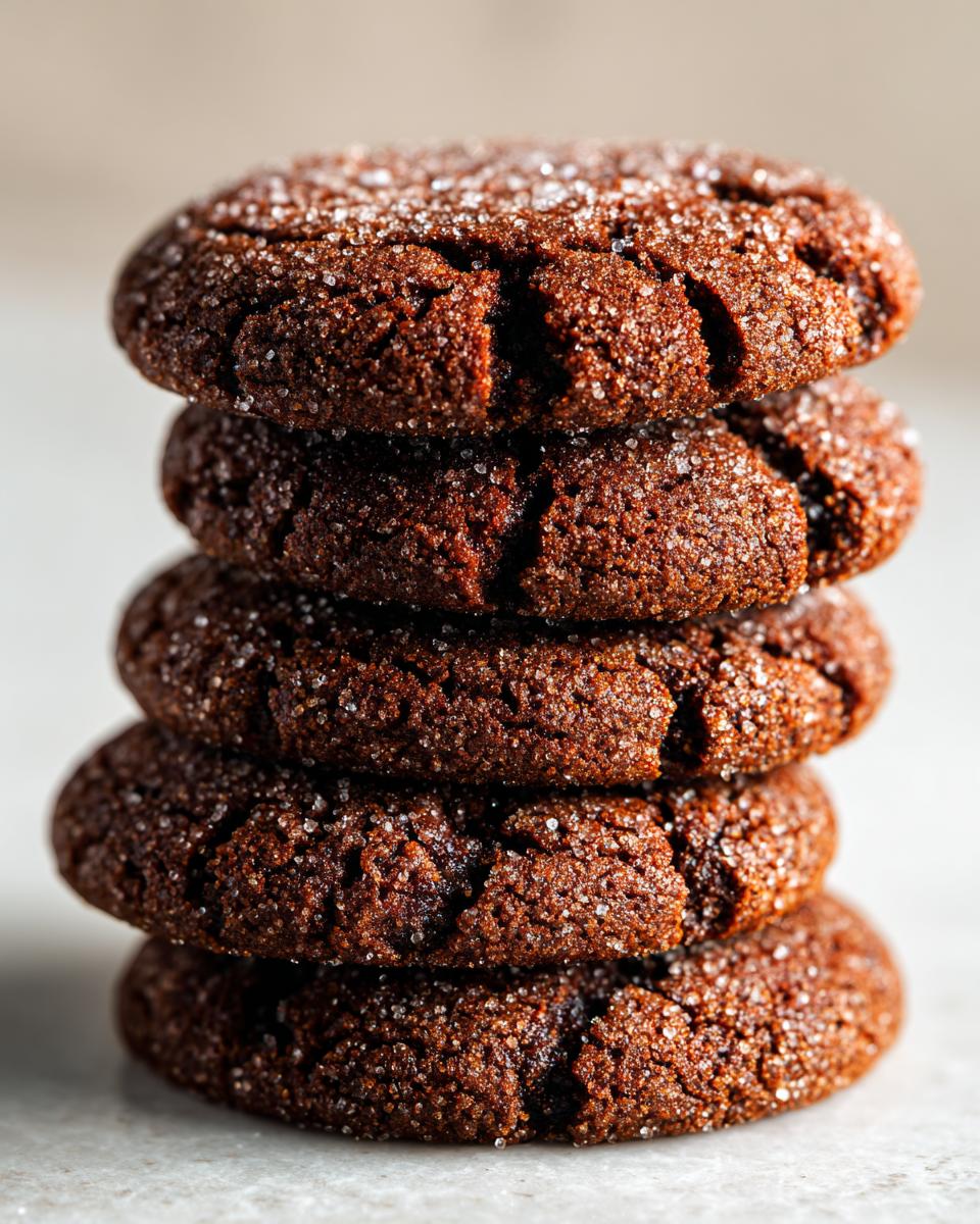 A stack of five Soft Ginger Molasses Cookies, coated in sparkling sugar.