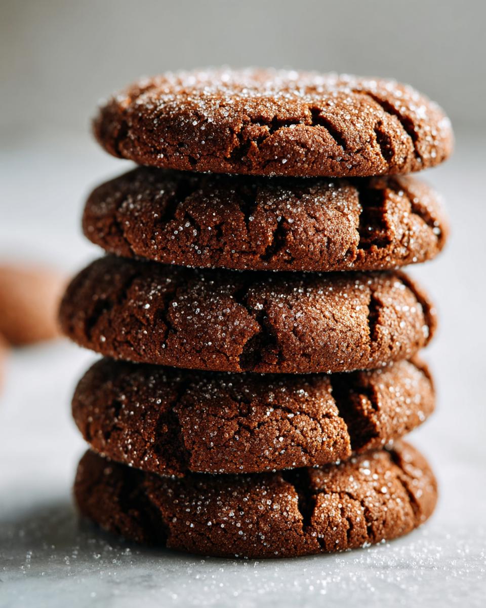 A close-up stack of five soft ginger molasses cookies, dusted with sugar.