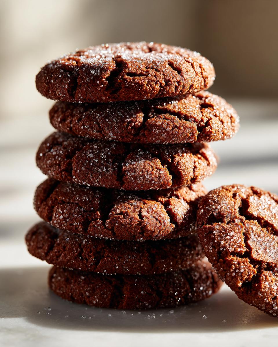 A stack of Soft Ginger Molasses Cookies, coated in sparkling sugar, with one cookie leaning against the stack.