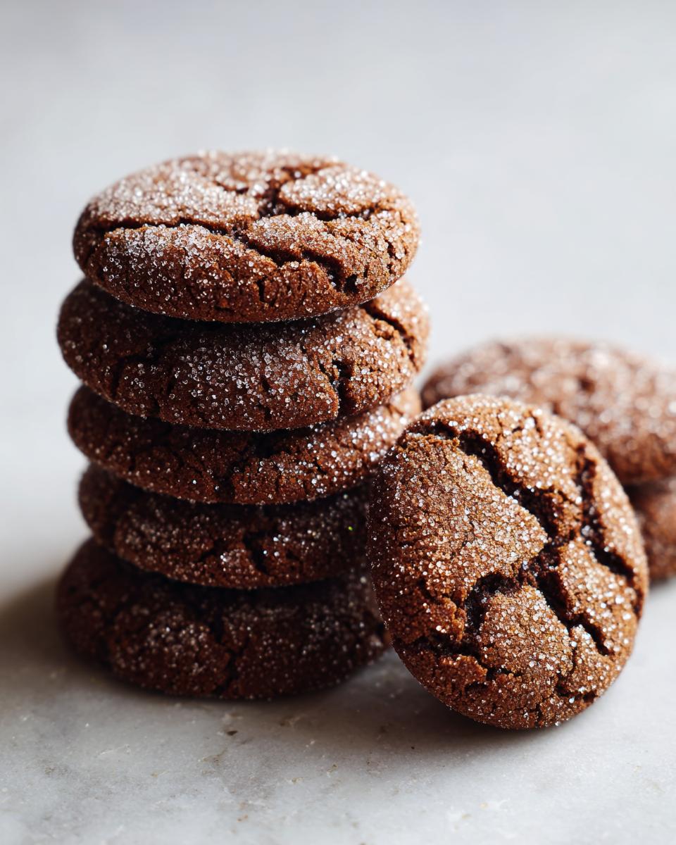 A stack of Soft Ginger Molasses Cookies, coated in sugar, with a cracked surface.