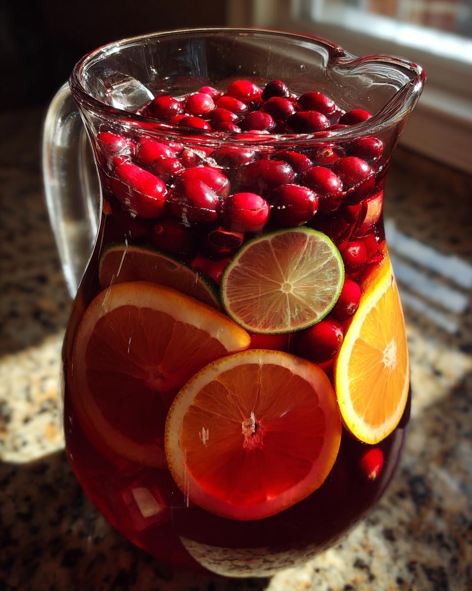 A pitcher filled with Sparkling Cranberry Punch, featuring whole cranberries, orange slices, and lime slices.