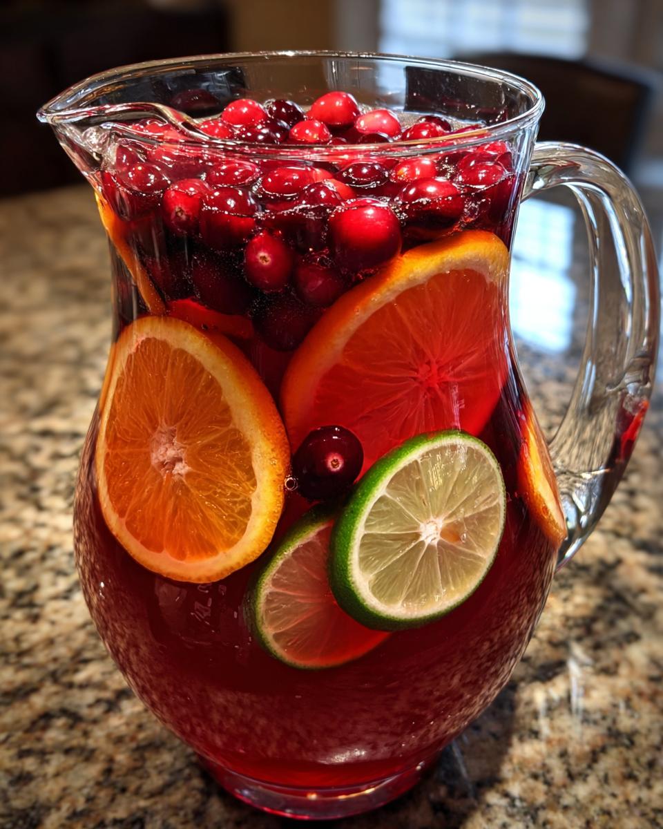 A clear glass pitcher filled with Sparkling Cranberry Punch, garnished with fresh cranberries, orange slices, and lime slices.