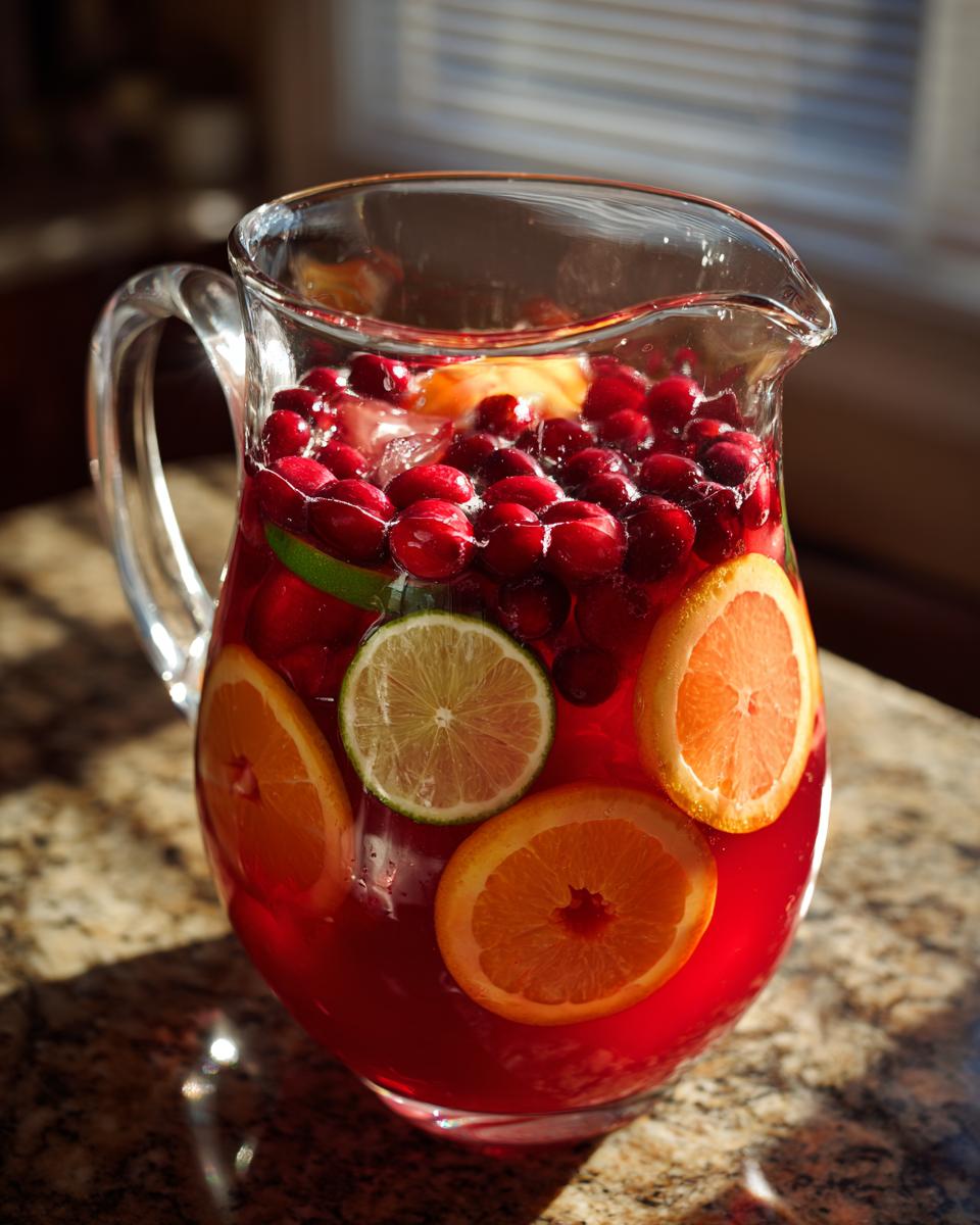 A glass pitcher filled with Sparkling Cranberry Punch, garnished with cranberries, orange slices, and lime slices.