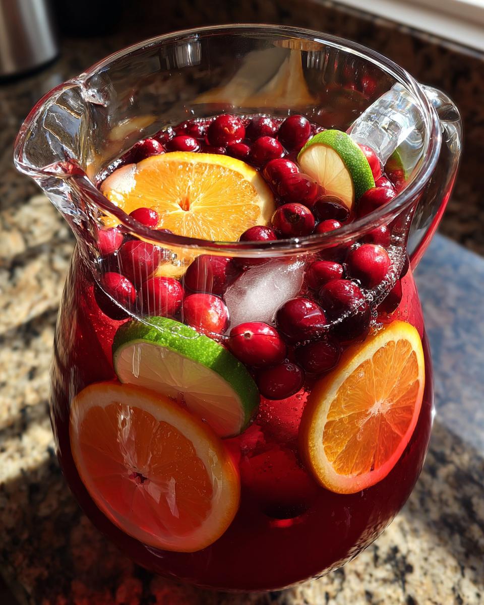 A pitcher filled with Sparkling Cranberry Punch, garnished with fresh cranberries, orange slices, and lime wedges.