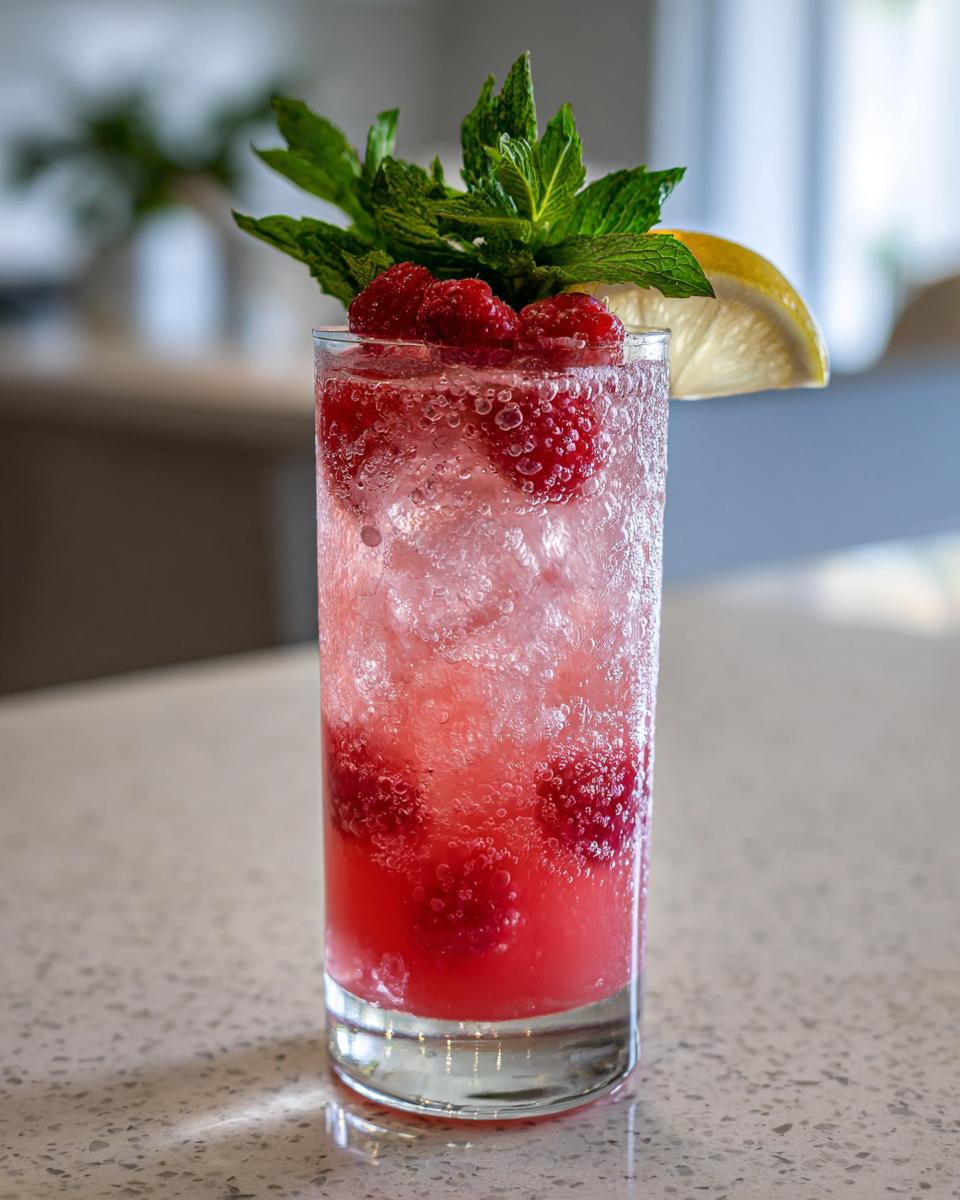 A tall glass filled with a vibrant Sparkling Raspberry Lemonade Mocktail, garnished with fresh raspberries, mint, and a lemon slice.