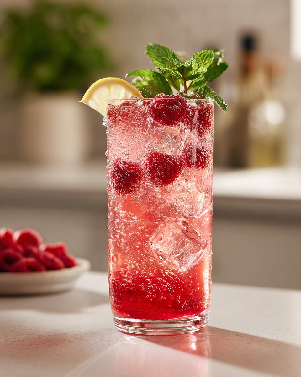 A tall glass filled with a vibrant Sparkling Raspberry Lemonade Mocktail, packed with ice, fresh raspberries, and garnished with mint and a lemon slice.