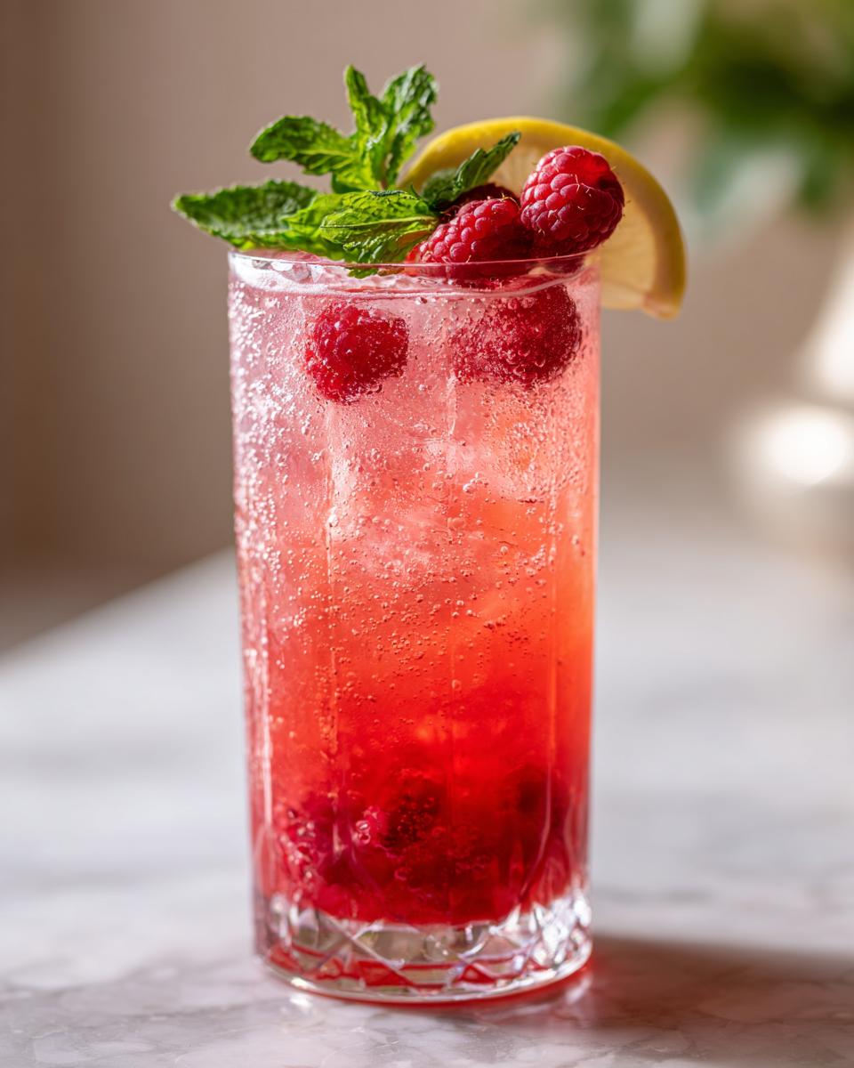 A tall glass filled with Sparkling Raspberry Lemonade Mocktail, ice, fresh raspberries, a lemon slice, and mint leaves.