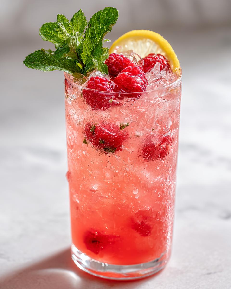 A tall glass filled with a vibrant Sparkling Raspberry Lemonade Mocktail, garnished with fresh raspberries, mint, and a lemon slice.