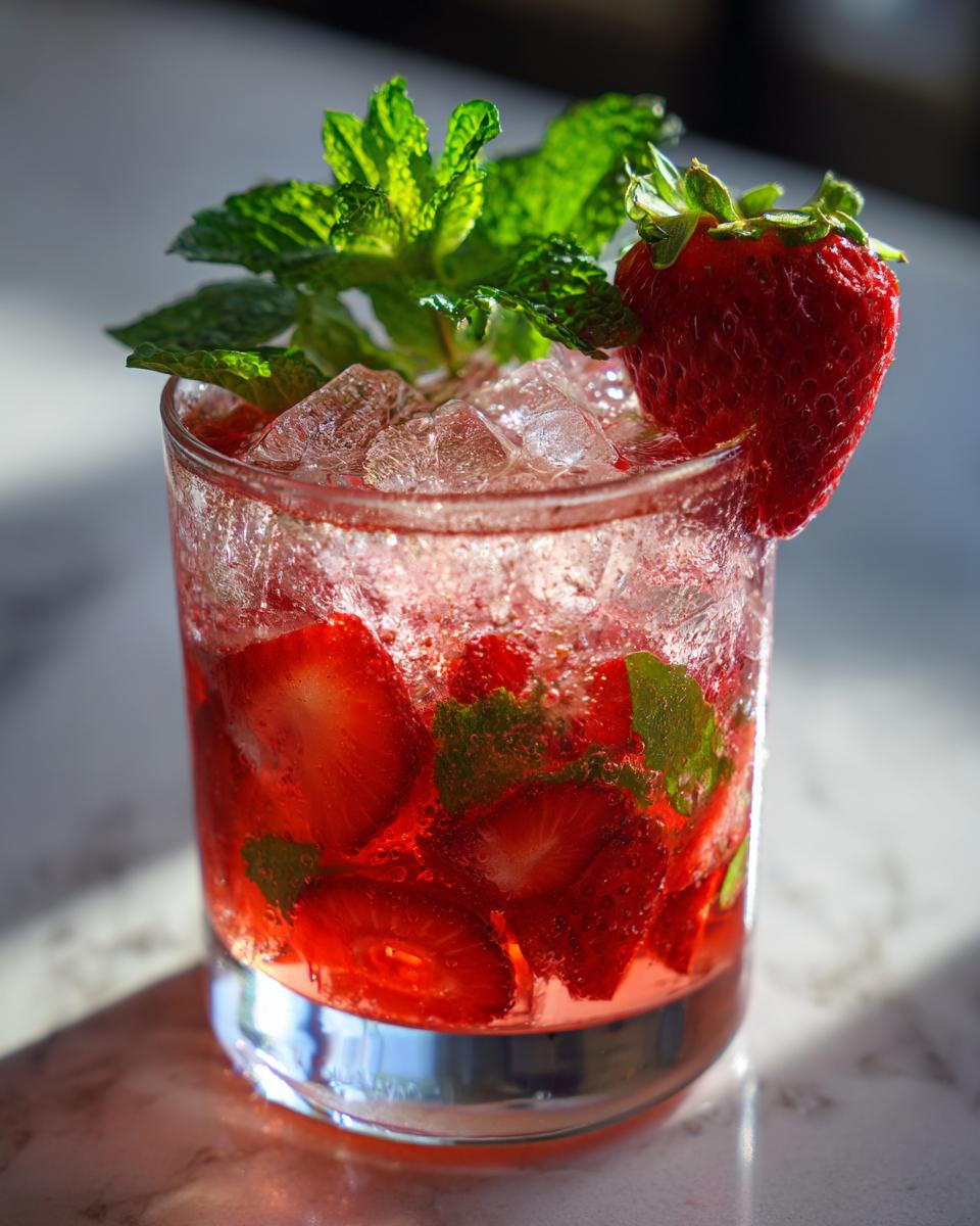 A refreshing Sparkling Strawberry Mocktail in a glass, filled with sliced strawberries, mint leaves, and ice, garnished with a fresh strawberry.