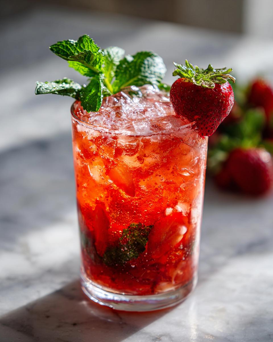 A refreshing Sparkling Strawberry Mocktail with crushed ice, fresh strawberries, and mint, garnished with a whole strawberry and mint sprig.