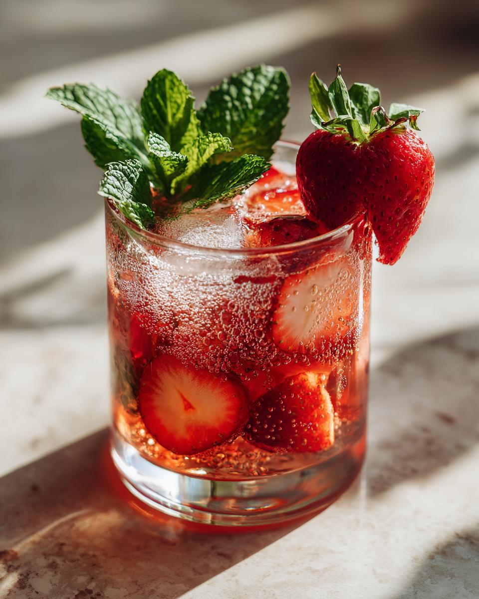 A refreshing Sparkling Strawberry Mocktail garnished with fresh mint and a strawberry slice, filled with ice and bubbles.