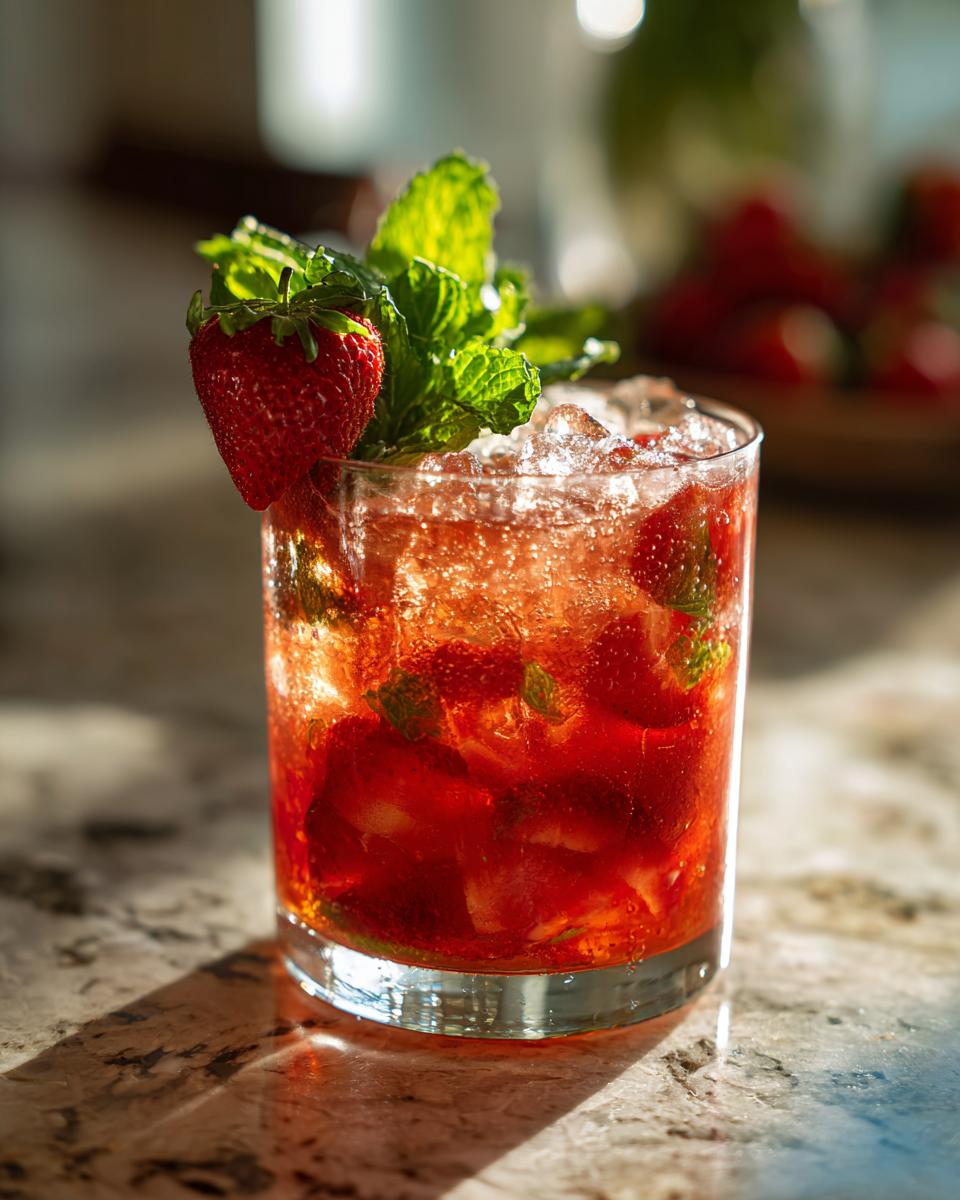 A refreshing Sparkling Strawberry Mocktail garnished with a fresh strawberry and mint leaves, filled with ice and strawberry slices.