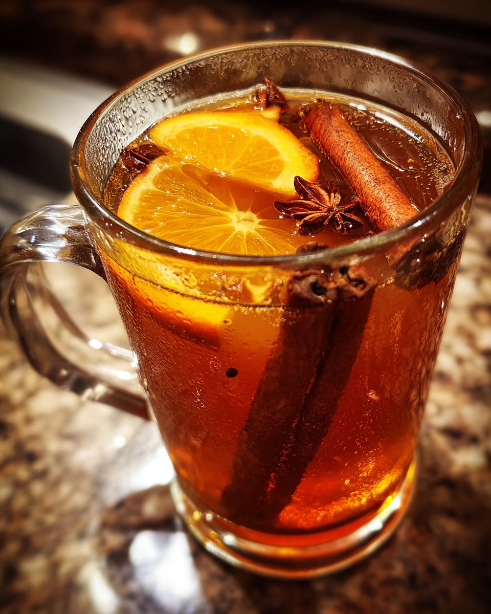 A close-up of a glass mug filled with warm Spiced Apple Cider, garnished with orange slices, cinnamon sticks, and star anise.