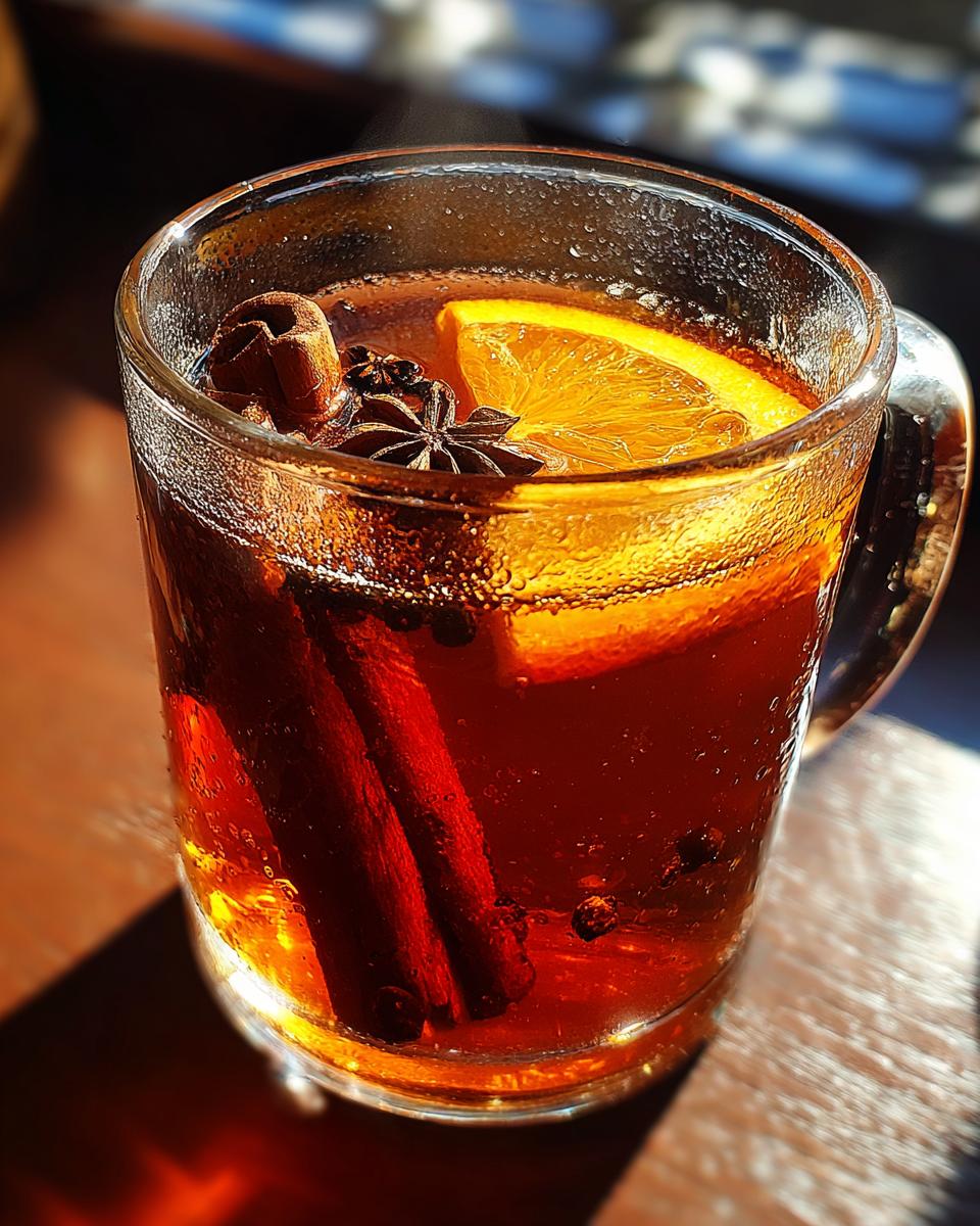 A clear glass mug filled with warm Spiced Apple Cider, garnished with cinnamon sticks, star anise, and an orange slice.
