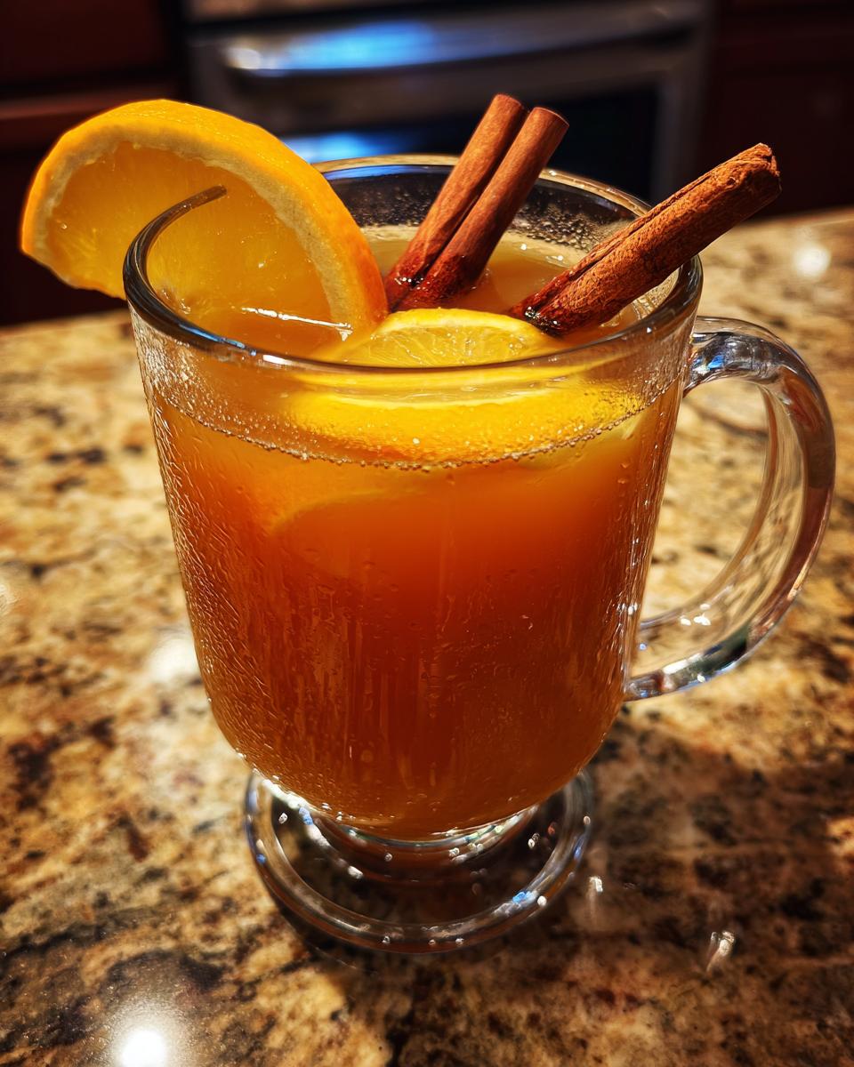 A warm mug of Spiced Apple Cider garnished with orange slices and cinnamon sticks.