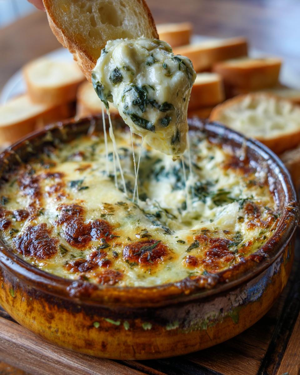 A slice of toasted bread dipping into a bubbling hot Spinach & Artichoke Dip, with melted cheese strings.