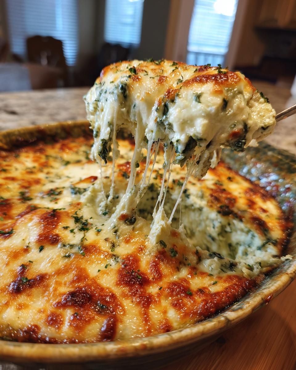 A scoop of cheesy Spinach & Artichoke Dip being lifted from a baking dish, showing long cheese pulls.
