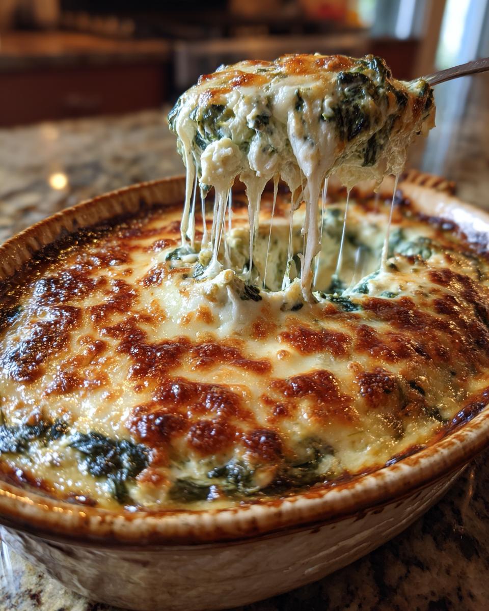 A spoonful of hot, cheesy Spinach & Artichoke Dip being lifted from a baking dish, with long cheese strings stretching.