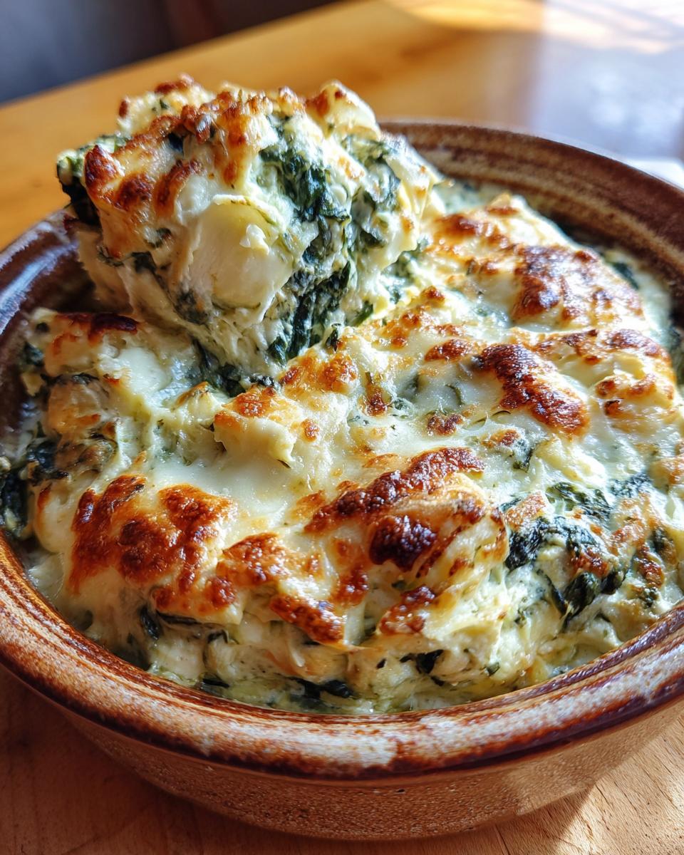A scoop of creamy Spinach & Artichoke Dip being lifted from a bubbly, cheesy casserole dish.