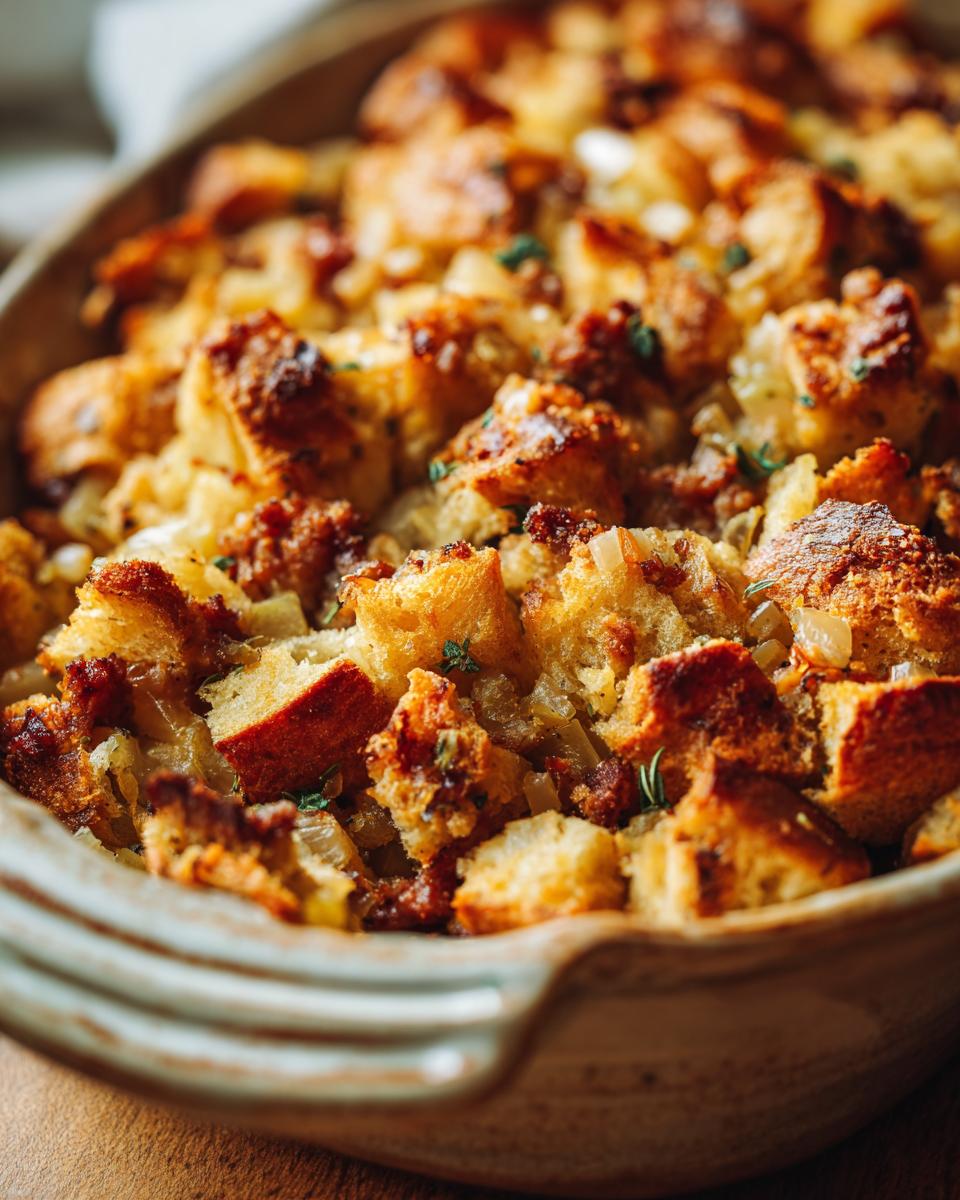 Close-up of baked stuffing with sausage and apples, featuring golden-brown bread cubes and visible herbs.