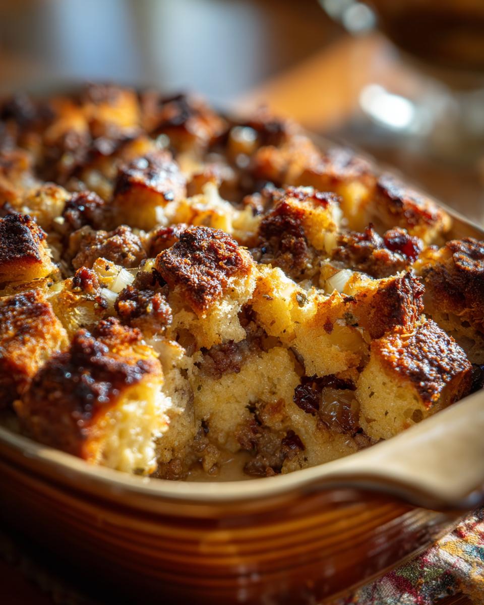 A close-up of a baking dish filled with homemade Stuffing with Sausage and Apples, golden brown and ready to serve.