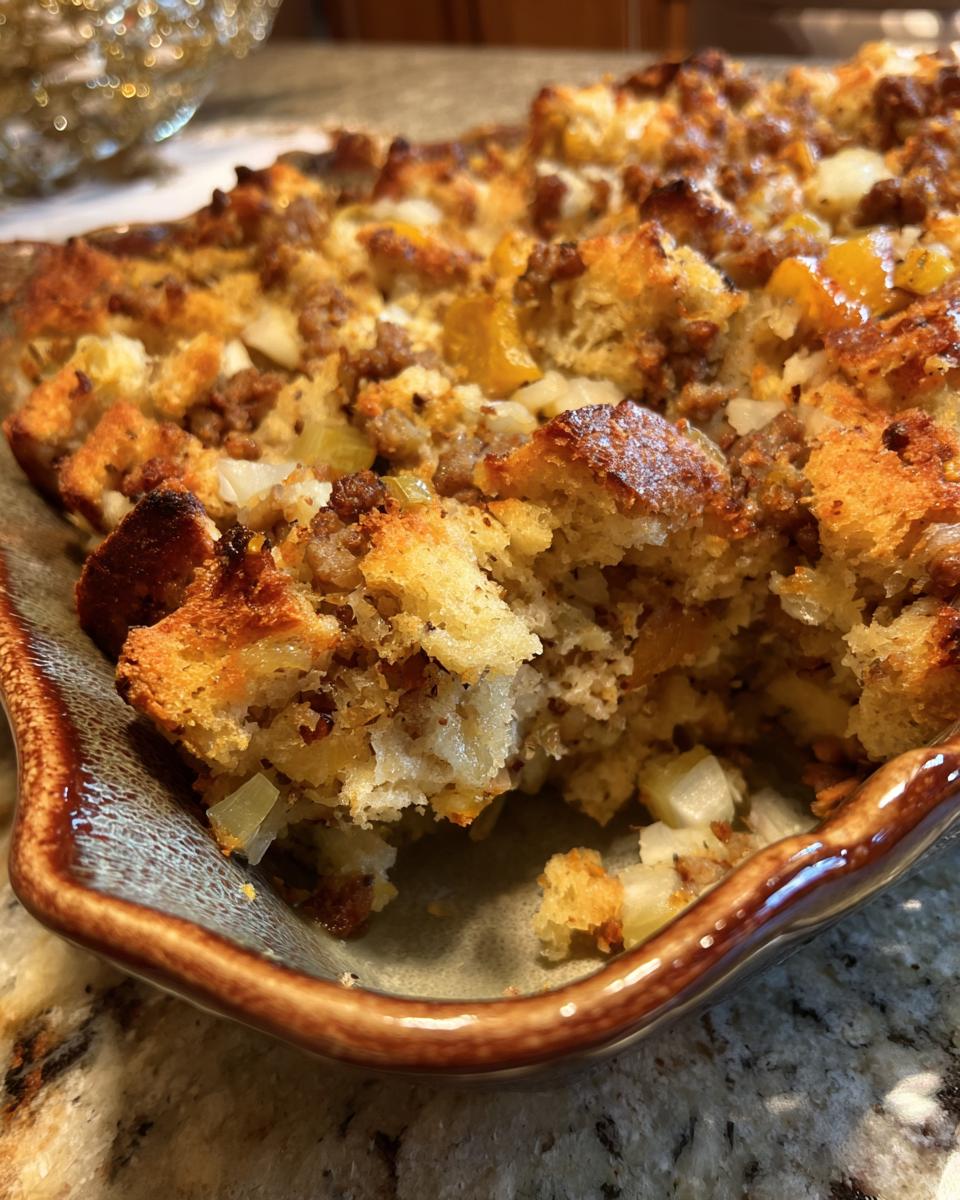 Close-up of a serving dish filled with Stuffing with Sausage and Apples, showing chunks of bread, sausage, and apple.