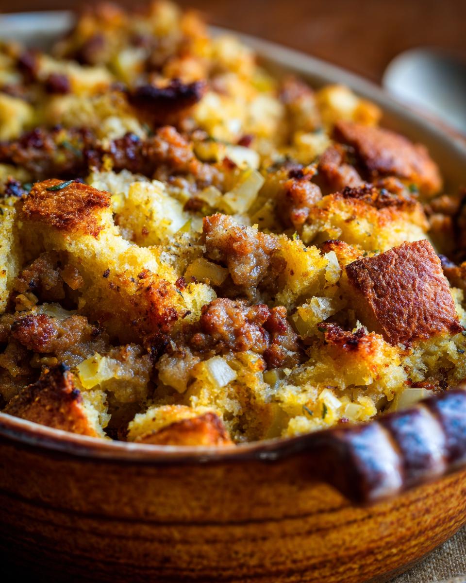 Close-up of a golden-brown baked stuffing with sausage and apple chunks in a rustic dish.