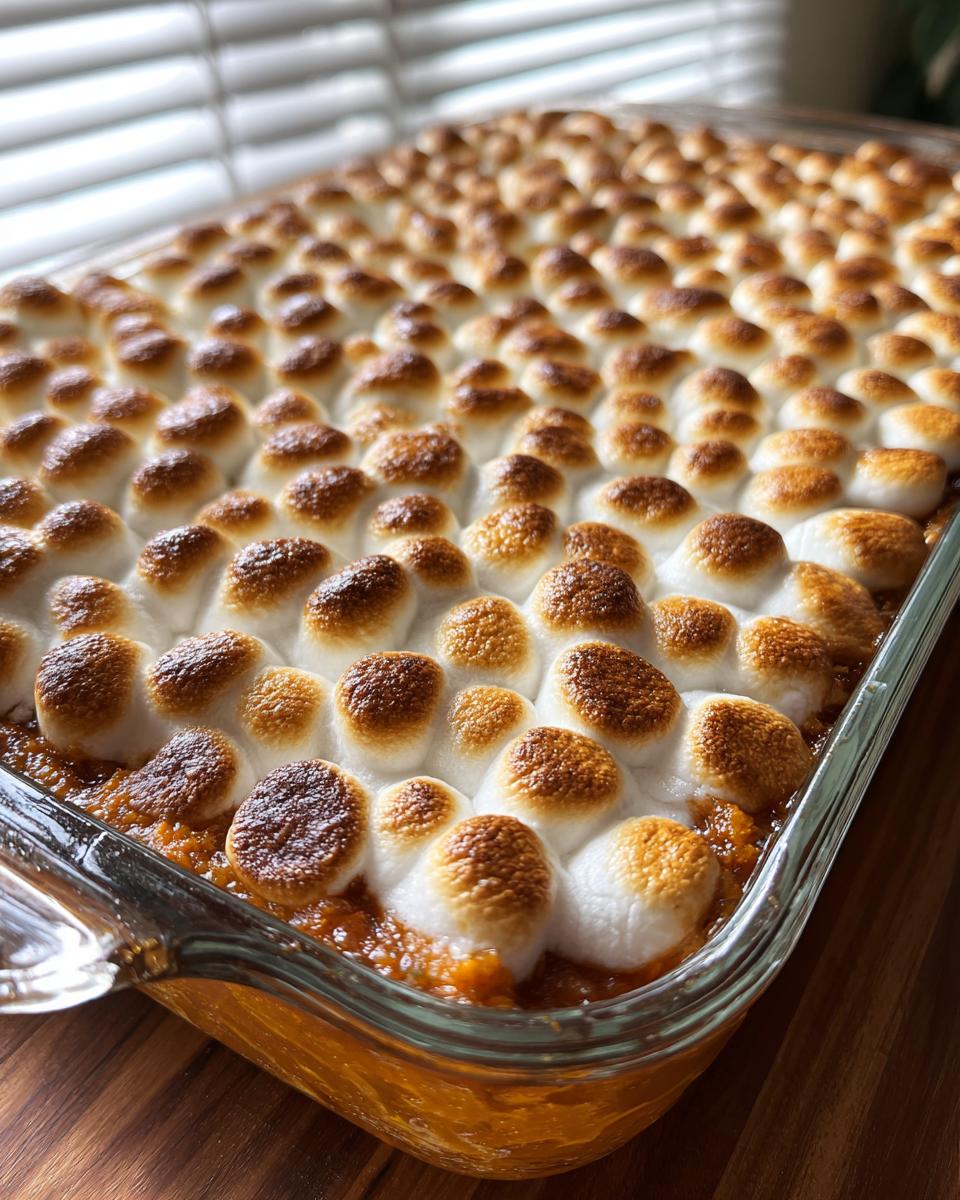 Close-up of a baked Sweet Potato Casserole with a golden-brown, toasted Marshmallow Topping.