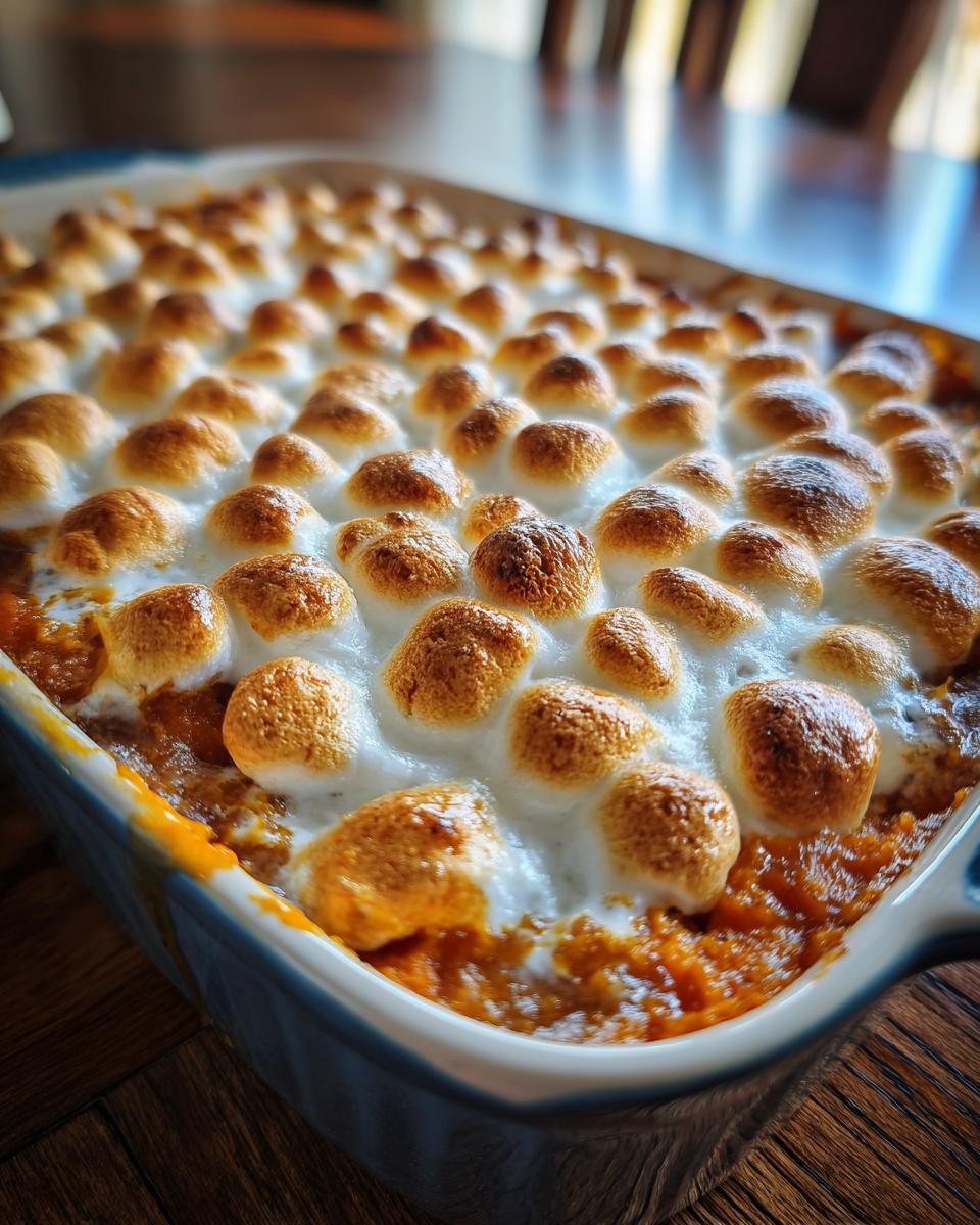 Close-up of a baked Sweet Potato Casserole with a gooey, toasted Marshmallow Topping.