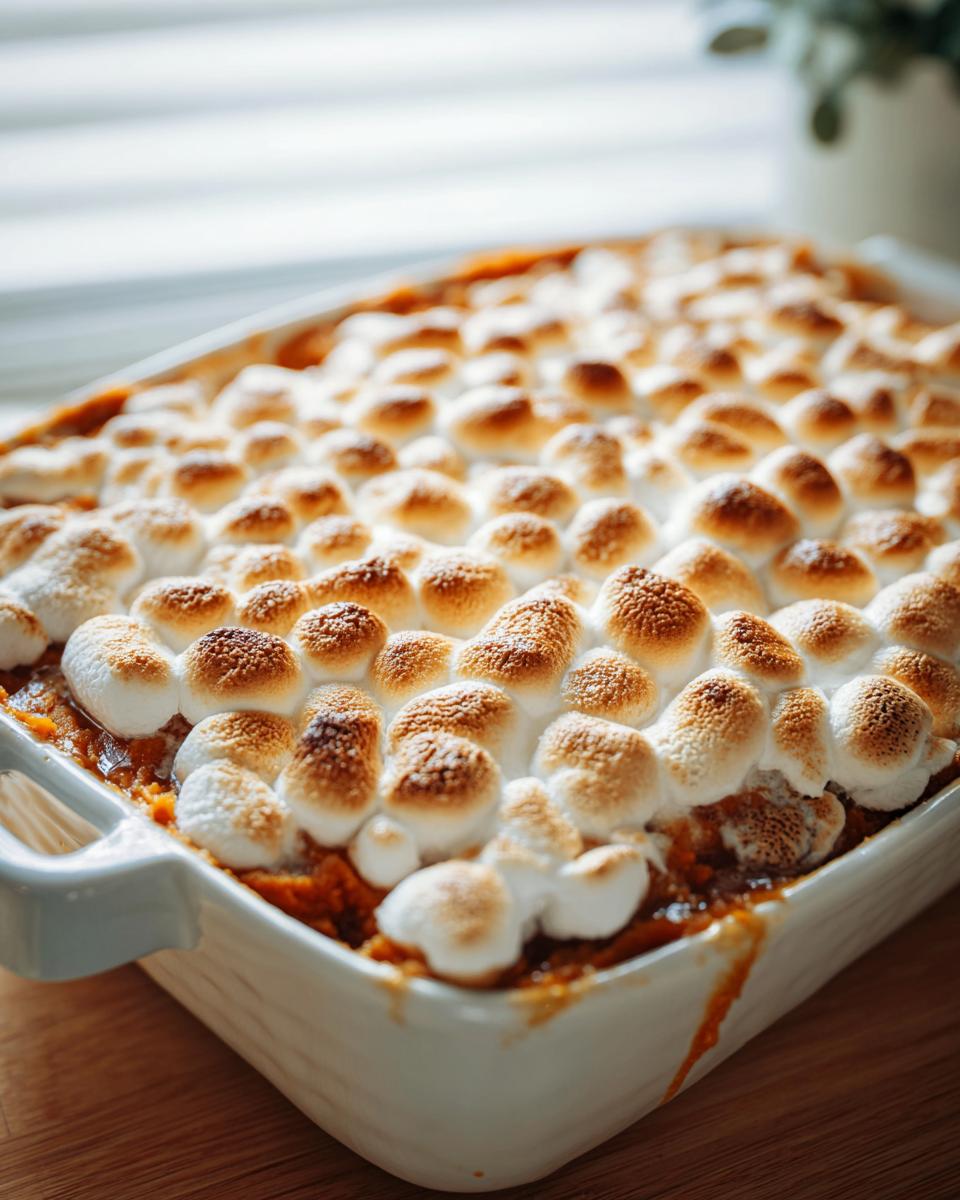 Close-up of a freshly baked Sweet Potato Casserole with a gooey, toasted Marshmallow Topping.
