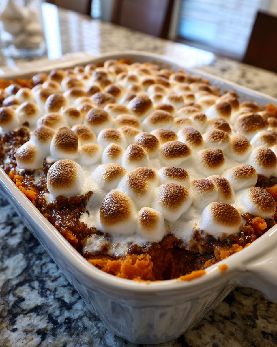 A close-up of a Sweet Potato Casserole with Marshmallow Topping, showing golden-brown toasted marshmallows.