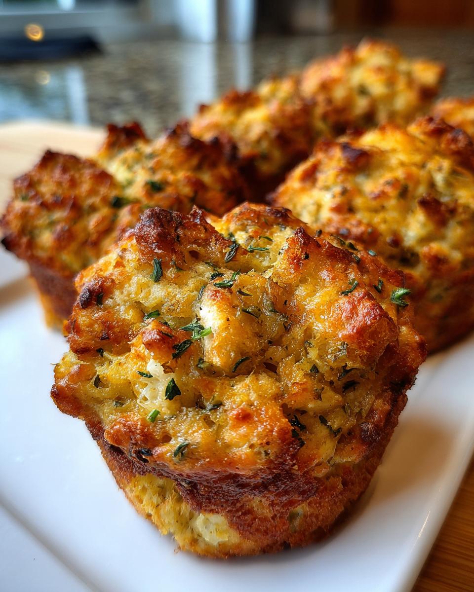 Close-up of golden-brown Thanksgiving Stuffing Muffins topped with fresh herbs.