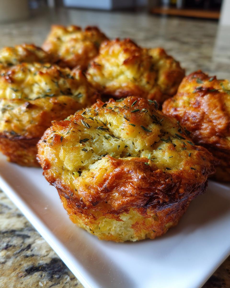 Close-up of golden brown Thanksgiving Stuffing Muffins, sprinkled with herbs, ready to serve.